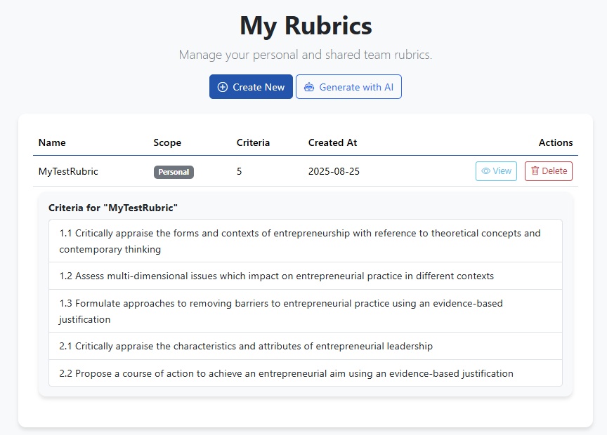 Automated rubric builder for educators creating an assessment