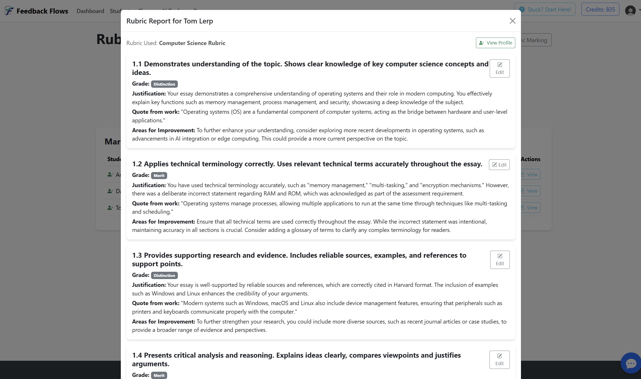 Automated marking showing detailed rubric-based feedback on an essay