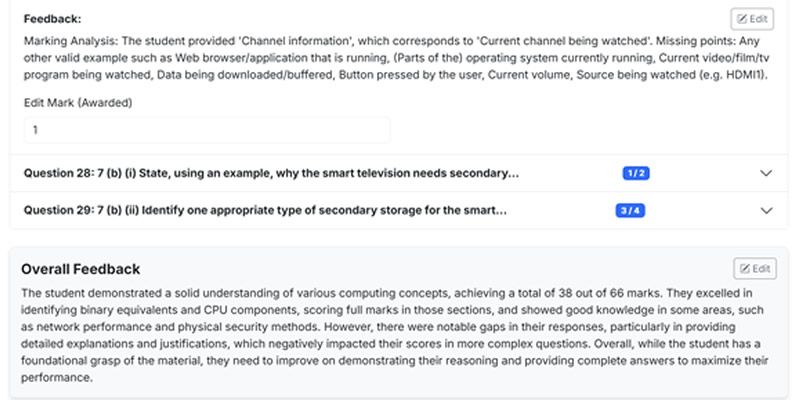 Marking results breakdown